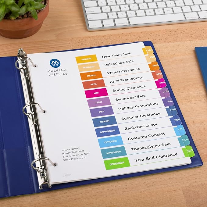 Avery Jan-Dec Dividers for 3 Ring Binders, 12 Tabs per Set, Customizable Table of Contents, Multicolor Tabs, Great for Organizing Reports, Projects, and More (6 Sets of 11830)