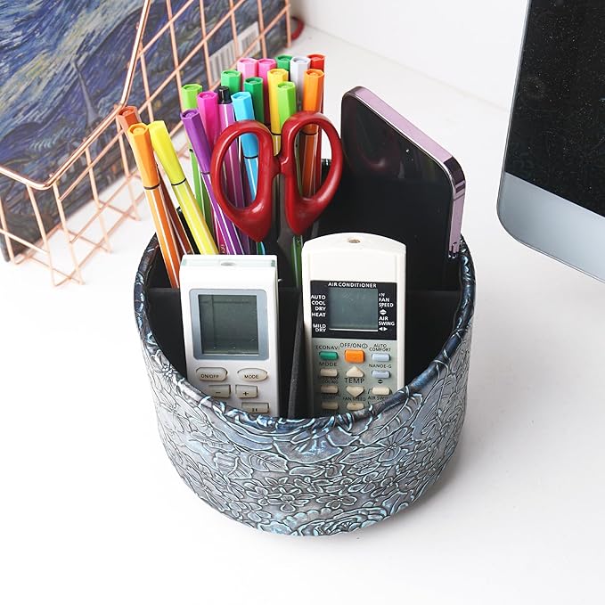 Round Leather Art Supply Organizer,Remote Control Holder,360 Degree Spinning,Multi-Functional Pencil Holder,4 Compartments Desktop Stationary Organizer(1-Rich Flower Blue)