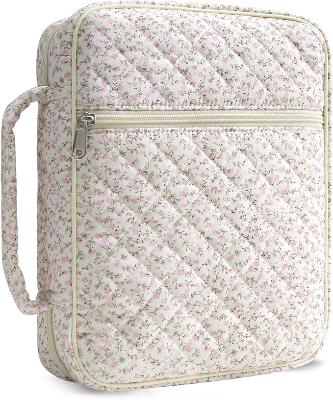 WOBAGMEN Bible Cover Case for Women,Large Bible Tote Bags Organizer Quilted Carrying Case for Girls,Bible Study Supplies Accessories Christian Gifts for Women (Pink Floral, L)