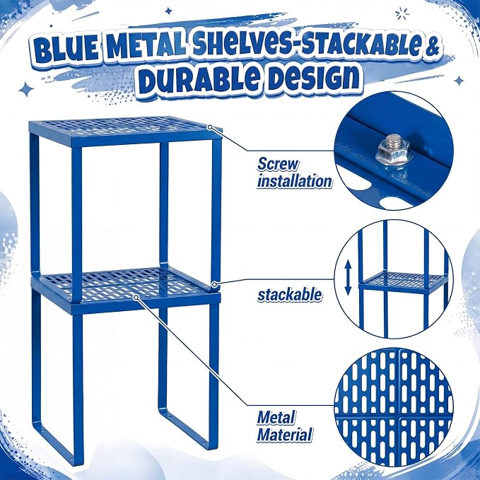 Colarr 2 Pcs Locker Organizer Shelf Stackable 2-Tier Shelves Fits Standard Size School Lockers Heavy Duty Metal Locker Shelf for School Office Gym Lockers Home Storage 11x 10 x 12 Inch(Deep Blue)