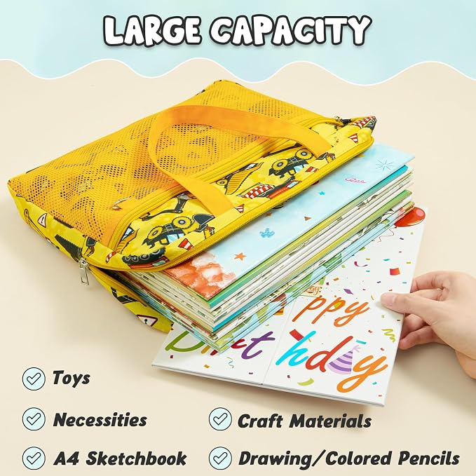 WAWSAM Truck Kids Mesh Zipper Pouch, File Organizer Folders with Pocket | 13.78" x 11.42" Waterproof File Folder for Boys with Handle, Document Organizer for School, Books, Travel, Home Storage