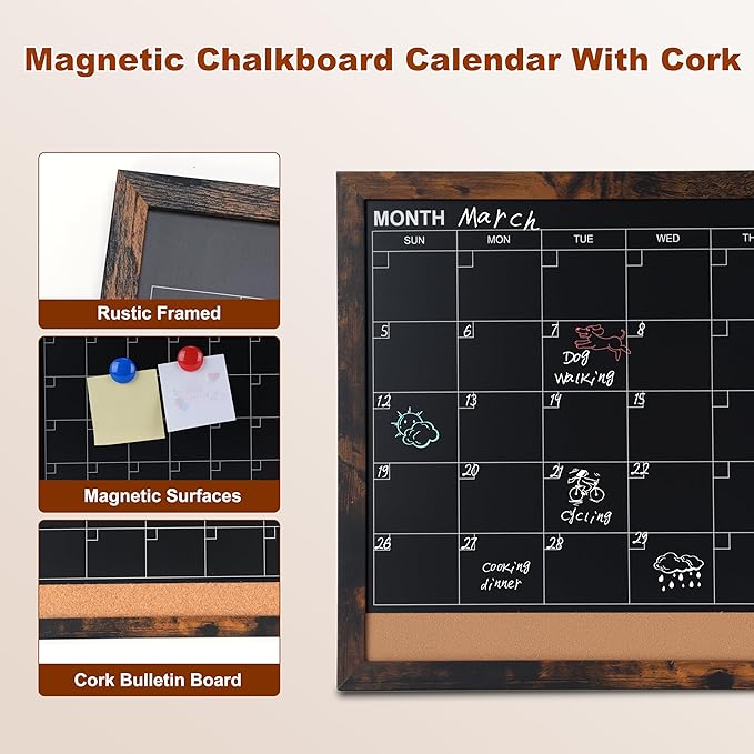 Chalkboard Calendar for Wall,13" x 17",Small Rustic Framed Magnetic Chalkboard & Cork Bulletin Board for Office Home School