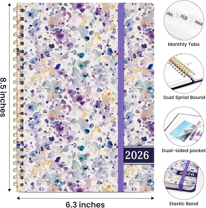 2026 Planner, Weekly and Monthly Planner for Women, Jan 2026 - Dec 2026 Pretty 2026 Calendar Planner with Monthly Tabs, Inner Pocket, Spiral Binding, Perfect for Office Home School - 6.3" x 8.5", Purple Blocks