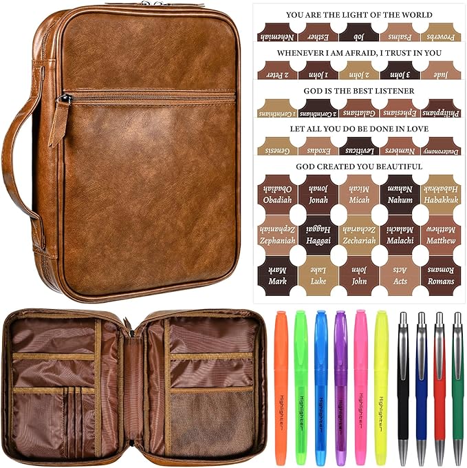 Leather Bible Cover for Men Large Bible Carrying Case with Handle Pockets Bible Book Cover with Highlighters Tabs For Church Prayer Meetings Study Supplies Accessories
