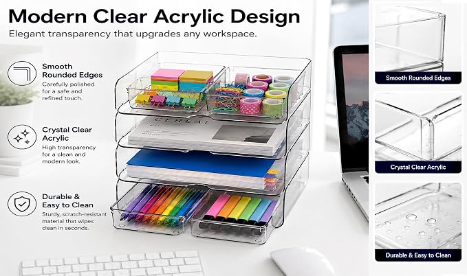 DCA 4 Tier Acrylic Desk Organizer with 4 Storage Bins, Clear Paper Tray Organizer for Letter Size Files, Office Desk Organization System for Documents, School Supplies & Accessories