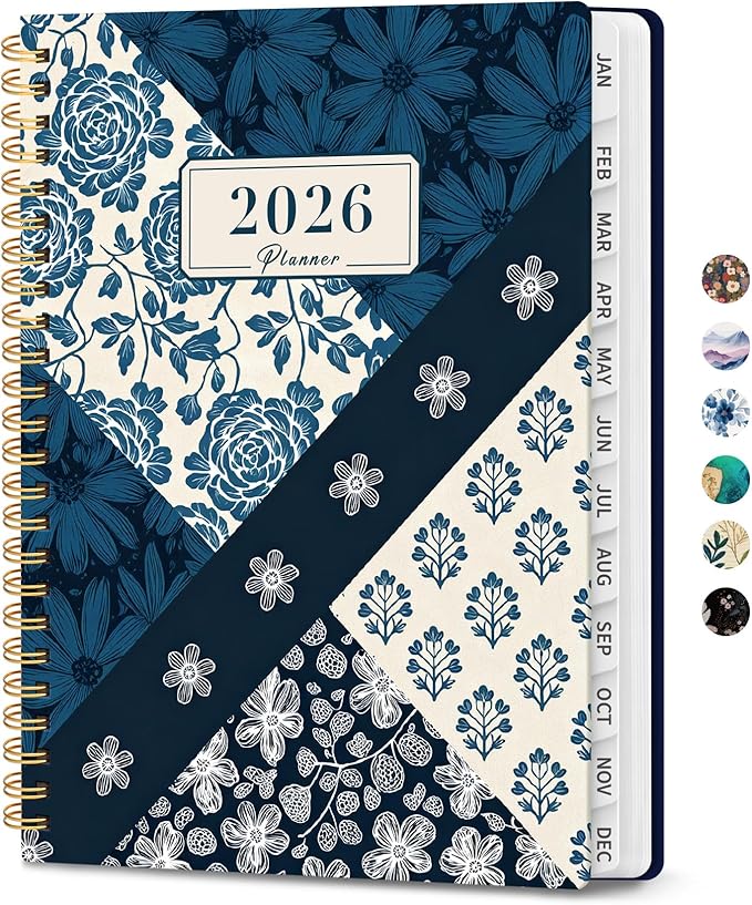 2026 Planner, Weekly and Monthly Planner for Women, January 2026 - December 2026, Hardcover 2026 Calendar Planner Book with Tabs, Inner Pocket, Spiral Bound, Perfect for Office Home School Supplies - A5 (6.3" x 8.5"), Indigo Patchwork