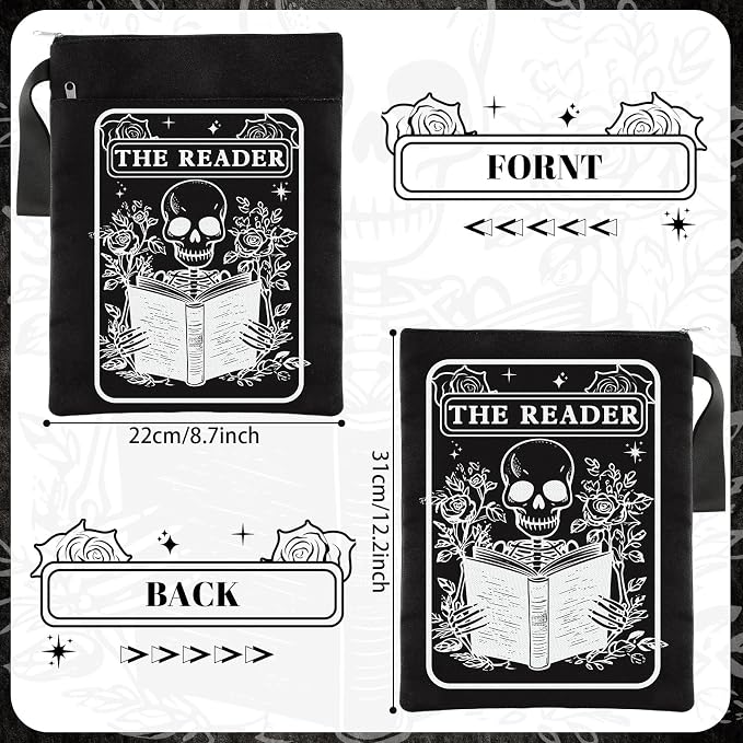 Feifeiya 2 Pcs Book Sleeves Gothic Skeleton Skull Canvas Book Cover Pouches with Zipper Washable Front Pocket Gifts for Books Lover Reader Reading