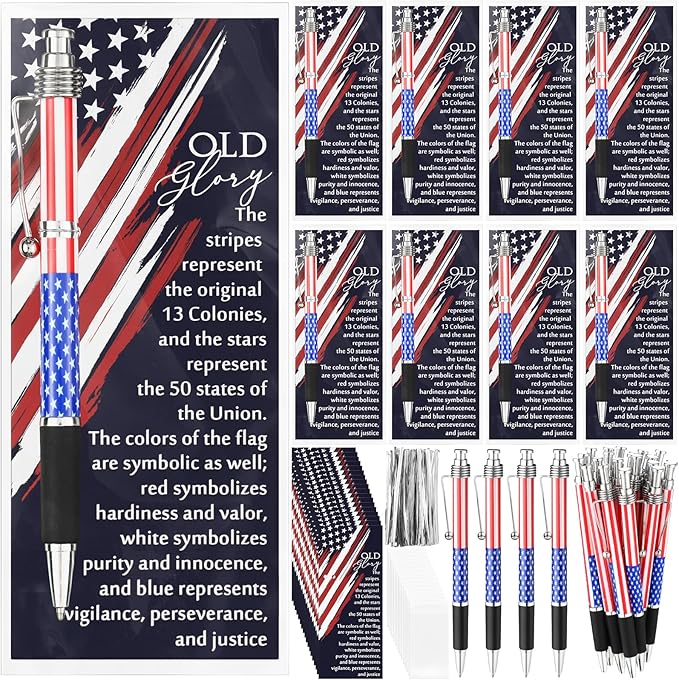 24 Sets American Flag Ballpoint Pens Bulk USA Patriotic Themed Black Ink Retractable Pen Stars Stripes Bookmarks Stationery 250th Anniversary Souvenirs for Memorial Day Veterans Home Office Army