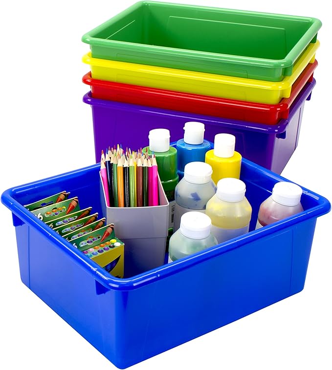 Storex Letter Size Deep Storage Tray – Organizer Bin for Classroom, Office and Home, Assorted Colors, 5-Pack (62530U05C)