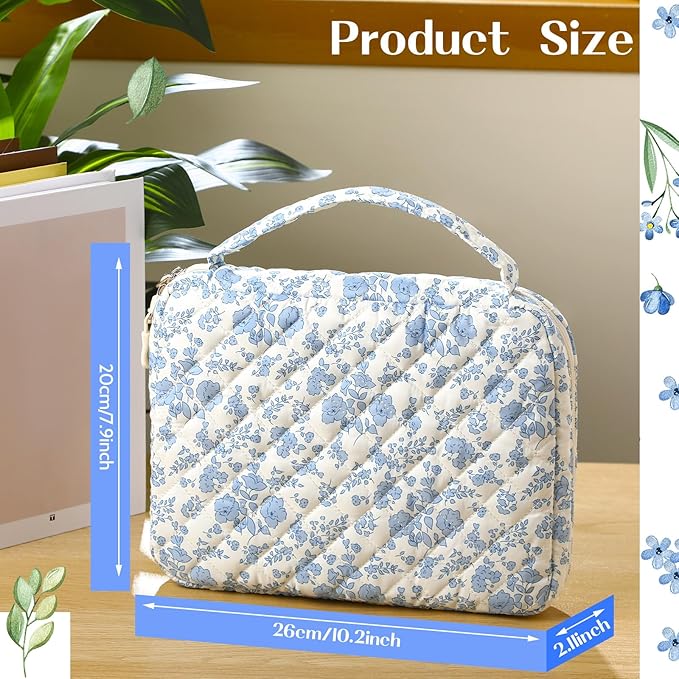 Aliceset Large Bible Cover Case for Women, Blue Floral Quilted Cotton Bible Carrying Case Organizer Bag with Handle and Zipper, for Christian Easter Gifts, Study Supplies Accessories