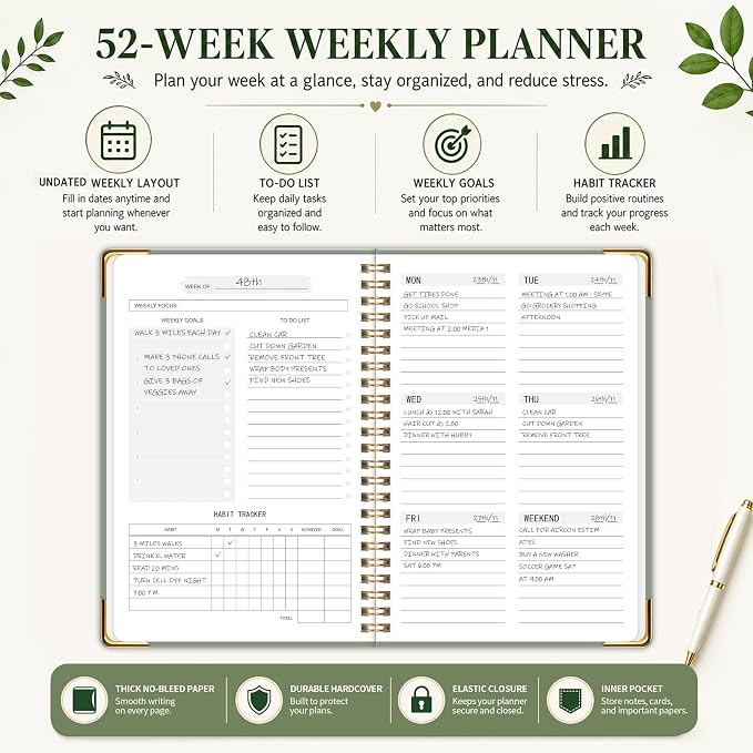 Undated Weekly Planner, Weekly To Do List Notebook with Goal & Habit Tracker Organizer, A5 Hardcover Weekly Planner for ADHD, Office School Home Supplies, Reduces Stress and Boosts Productivity - Green