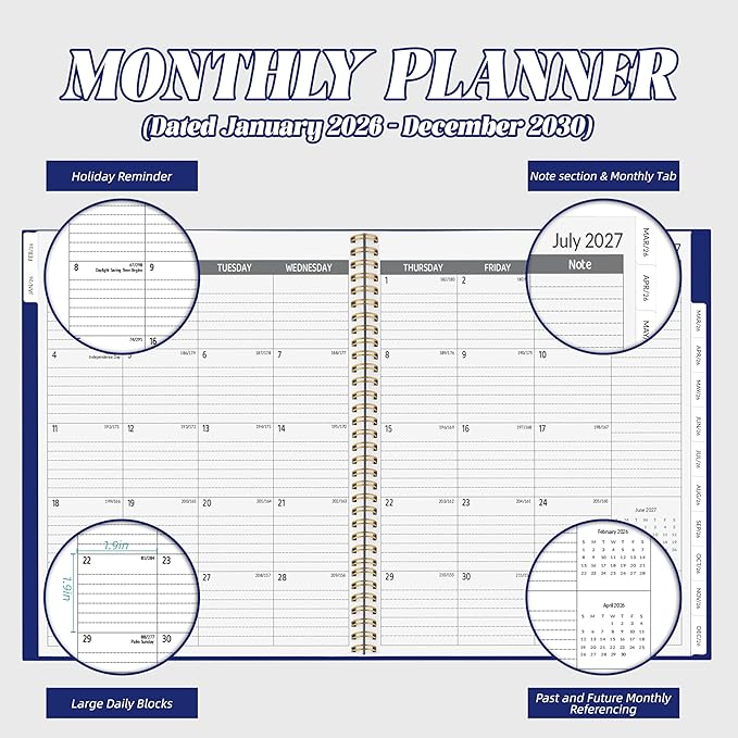 2026-2030 Monthly Planner 5 Year Monthly Planner/Calendar 2026-2030, Jan 2026 – Dec 2030, 9" x 11", Tabs, Double-Side Pocket, Holidays, Thick Paper - Navy Blue