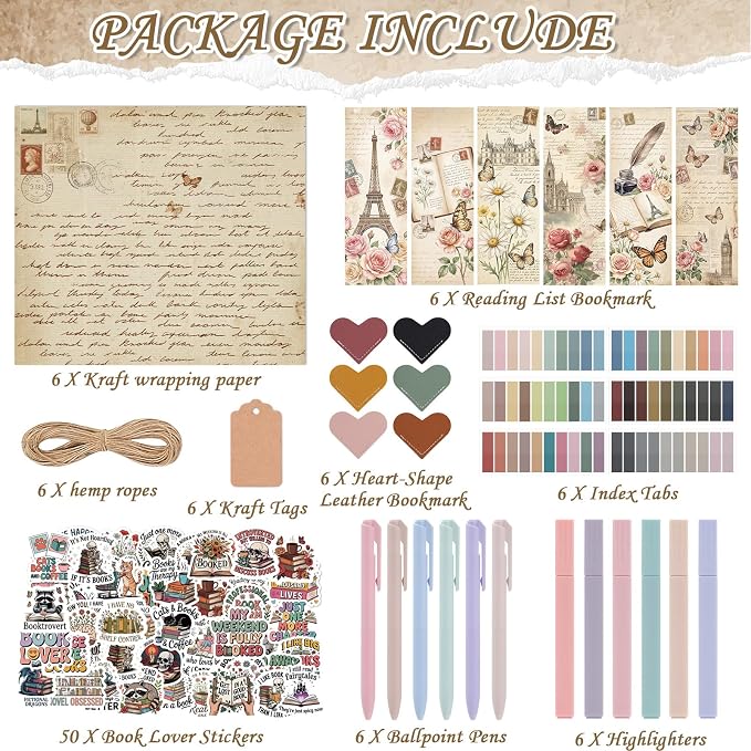 Blind Date with a Book Gift Box 6 Set Blind Book Date Gift Supplies Includes Kraft Paper Tags Bookmark Pens Stickers for Women Book Lover Club Librarian Bookish Reader Gifts (Retro)