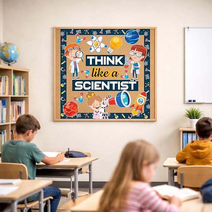 Decorably 48 Pcs Cutouts Science Bulletin Board Decorations Set with Borders - Education Learning Decor for Classroom Walls, Hallways, School, Homeschool