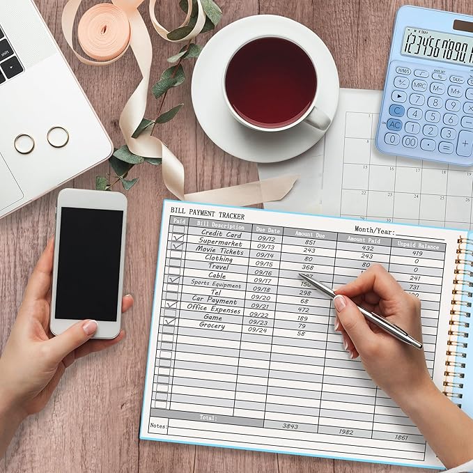 HAUTOCO Bill Tracker Notebook Monthly Bill Payment Tracker for Personal Budgeting Home Financial with 2 Storage Pocket, Payments Checklist Organizer Bill Planner 10.1 x 7.8'', Sky Blue