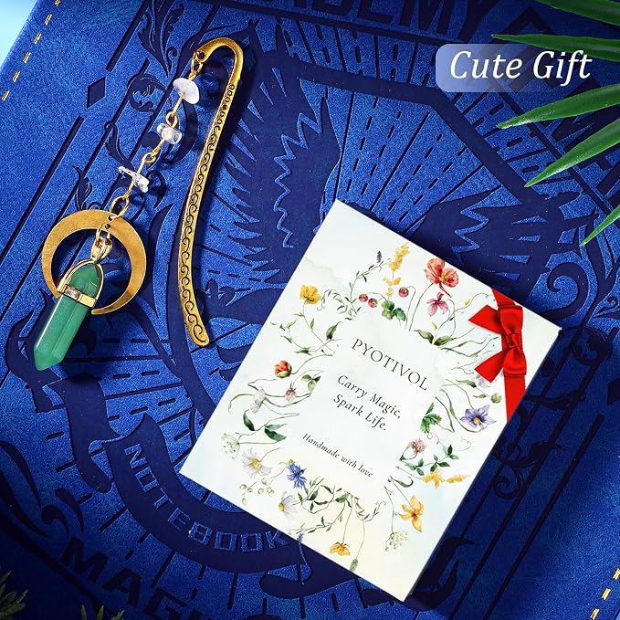 Vintage Metal Bookmark Pendant with Natural Crystal Stones Green Aventurine Bead Chain–Elegant Moon Bookmarks for Women,Men,Book Lovers,Teachers and Girls(Green Jade)