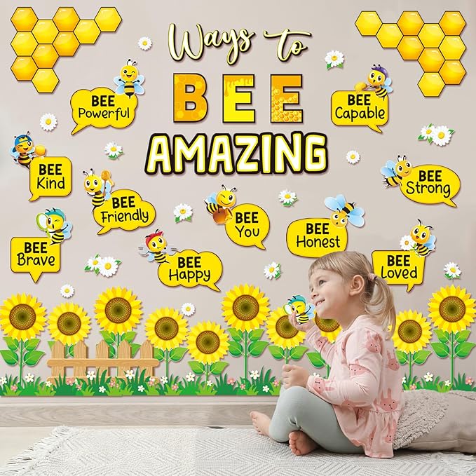 60 PCS Bee Theme Classroom Decorations- Bee Hive Cutouts Bee Bulletin Board Decoration Set Sunflower Cutouts Decor for Bulletin Board Classroom Back to School Library Hoom Window Wall Bee Theme Decor