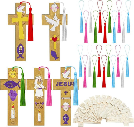 AmazingSpark 100 Pcs Christian Cross Coloring Bookmarks Bulk Wooden DIY Crafts, 50 Set Religious Bookmarks with Tassel for Church Gift, Sunday School, Baptism, First Communion Party Favors