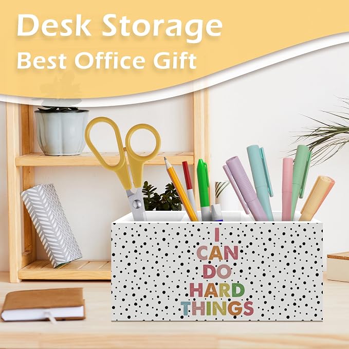 Boho Inspirational Pen Pencil Holder, Boho Desk Accessories, I Can Do Hard Things Motivational Wooden Pen Pencil Organizer for Kids Room Bedroom Classroom Home Office Desk Decor