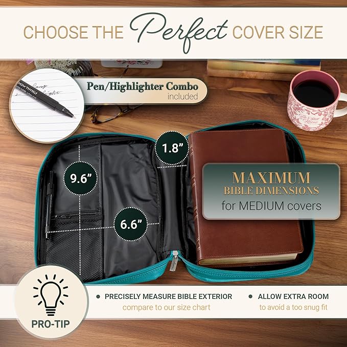 Christian Art Gifts Inspirational Vegan Leather Two-fold Organizer Bible Cover for Women, Jesus Fish Badge, Sturdy Carry Handle, Pen Loops, Pockets, Pen/Highlighter Combo & Notepad, Turquoise, Medium