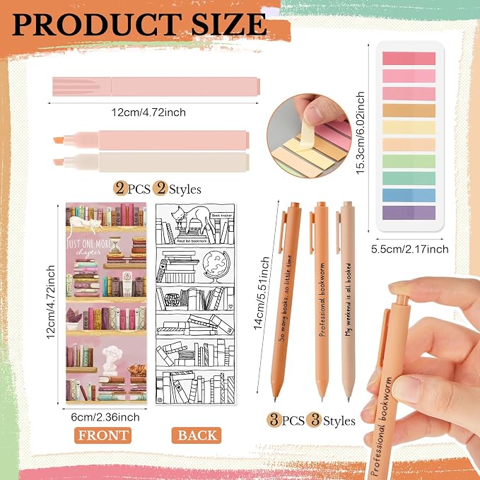 Spakon 7 Pcs Book Lovers Gifts for Readers Bookish Book Annotation Kit Aesthetic Pastel Highlighters No Bleed Gel Pens Reading Tabs Bookmark for Women Library Student Bible(Orange Series)