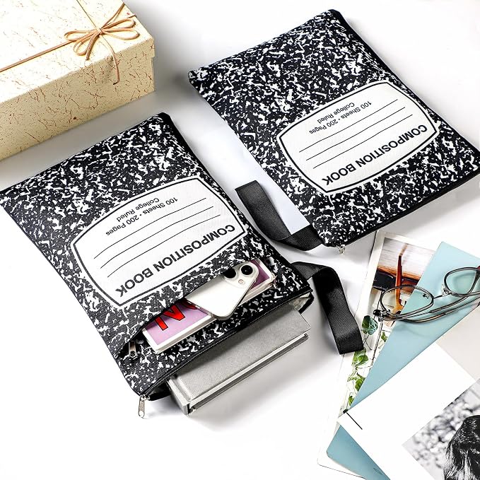 Feifeiya 2 Pcs Composition Notebook Book Cover Pouch with Zipper Back to School Book Sleeve Black and White Waterproof Books Protector Zipper Pouch Back to School Gifts for Students Readers