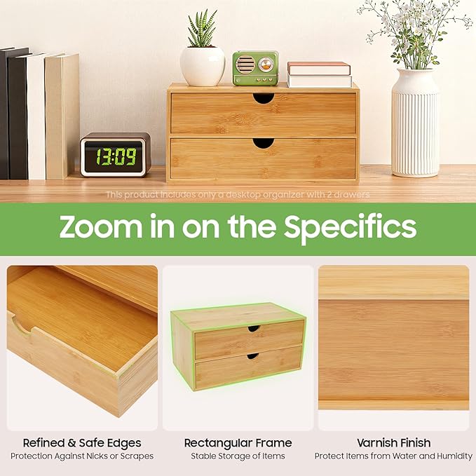 Desk Organizer, Office Vanity Bamboo Desk Organizer, Mini Bamboo Desk Drawer Tabletop Storage Box with 2 Drawer Night Stand Table Organizer for Makeup Vanity Office Supplies (2 Drawer)