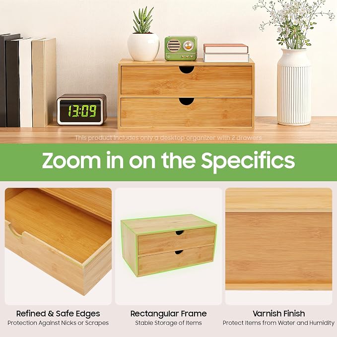 Desk Organizer, Office Vanity Bamboo Desk Organizer, Mini Bamboo Desk Drawer Tabletop Storage Box with 2 Drawer Night Stand Table Organizer for Makeup Vanity Office Supplies (2 Drawer)