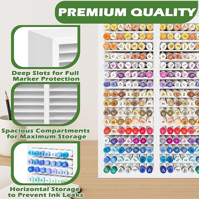 PROLEE Marker Organizer for 224 Markers,Wooden Marker Holder with 32 Slots, Pens Pencils Art Supply Alcohol Markers Storage Organizer for Desk Home Classroom Office Decor (White,15“x11”x5.2 “)