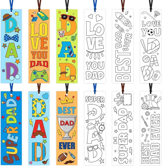 ANGOLIO Father's Day Color Your Own Bookmarks for Kids, 123Pcs DIY Father's Day Crafts for Classroom School Students, Coloring Dad Bulk Blank Bookmarks Set with Ribbons for Home Holiday Party Favor