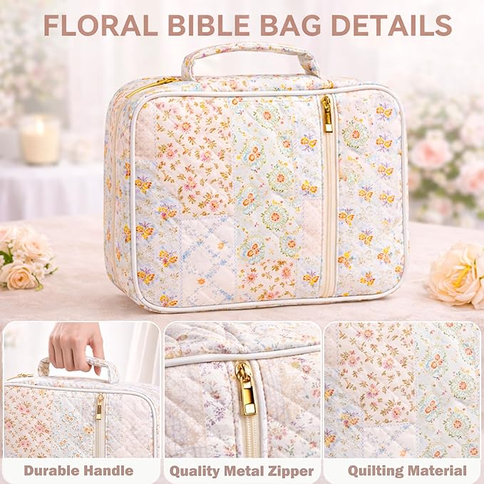Bible Bag for Women, Bible Cover Case with Study Supplies,Large Quilted Bible Bag with Handle and Zipper, Suitable for Christian Books-Christian Gift for Girls(Patchwork Flowers)