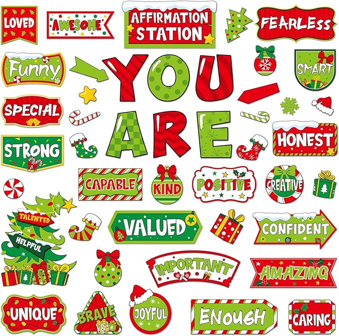45pcs Bulletin Board Set Motivational Posters Classroom Mirror Growth Mindset Decor Positive Affirmations Accents Cutouts for School Office Home Teacher Wall (Green Christmas)