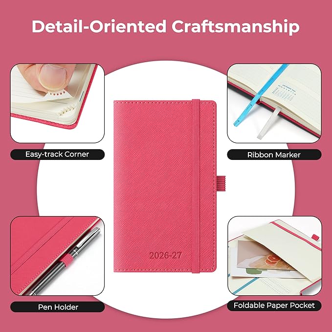 Weekly Monthly 2026-2027 Planner (July 26-Dec 27),6.5"x3.75",18 Months Agenda Plan with Month Tabs & Pocket,Expenses/Note Pages, Academic Calendar with Vegan Leather Cover,Rose Red