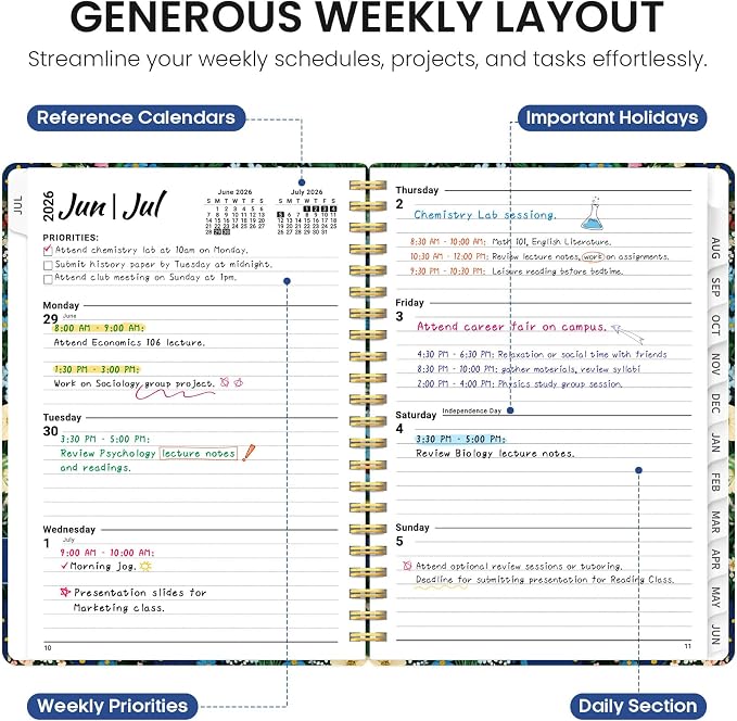 Planner 2026–2027, Weekly & Monthly Academic Organizer for School Year, Jul 2026–Jun 2027, Hardcover Planner with Tabs, Back to School Essential, 6.3" x 8.5", Wildflower Meadow