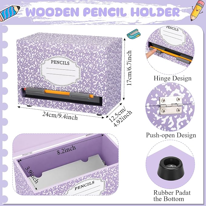 Yalikop 1 Pc Wooden Pencil Dispenser for Classroom Pastel Wood Pencils Holder for up to 200 Pencils Reusable Straw Dispenser for Home Office Teachers Supplies Storage (Notebook,Purple)