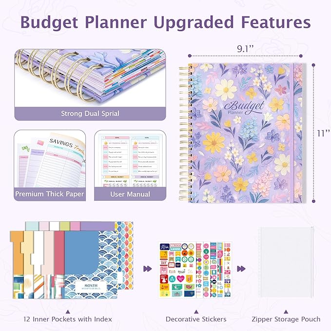 Ospelelf Budget Planner Undated, Money Expense Tracker with Pocket & Stickers, Thick Cardboard Cover, Large Pages for Spacious Writing, Original Fun Colorful Design, 12 Month Financial Notebook, Purple Floral