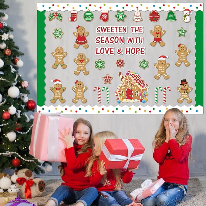Christmas Gingerbread Bulletin Board Set Holiday Inspirational Classroom Decorations Sweet Gingerbread House Candy Cane Cutouts for Office Home Wall Door Xmas Display