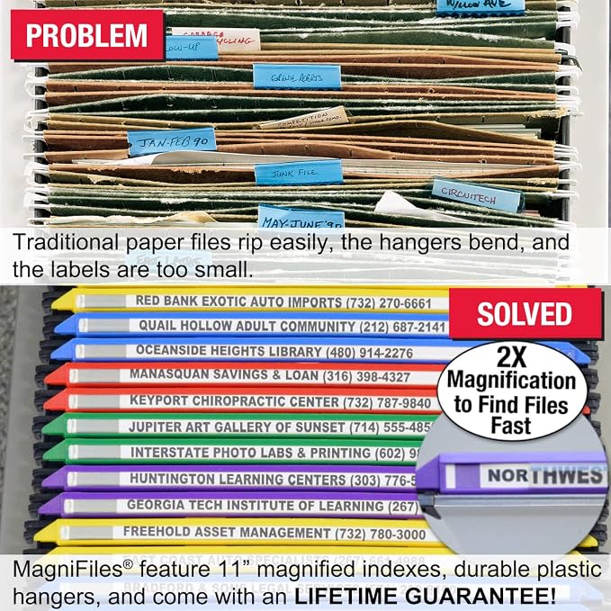 Ultimate Office MagniFile Hanging File Folders V- Bottom Letter Size with 11 inch Magnified Indexes that Double The Size of Your File Titles to Find Files Fast. (Set of 20 Frost)