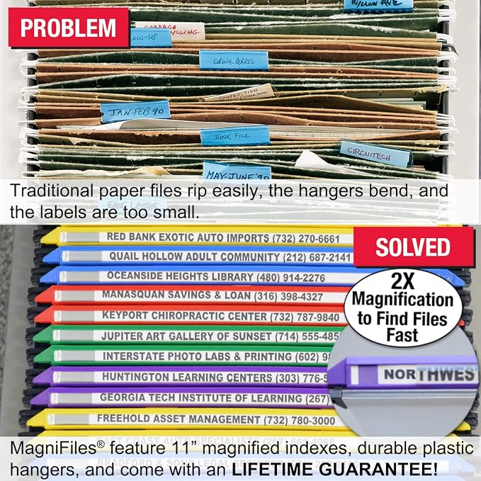 Ultimate Office MagniFile Hanging File Folders V- Bottom Letter Size with 11 inch Magnified Indexes that Double The Size of Your File Titles to Find Files Fast. (Set of 10 Frost)