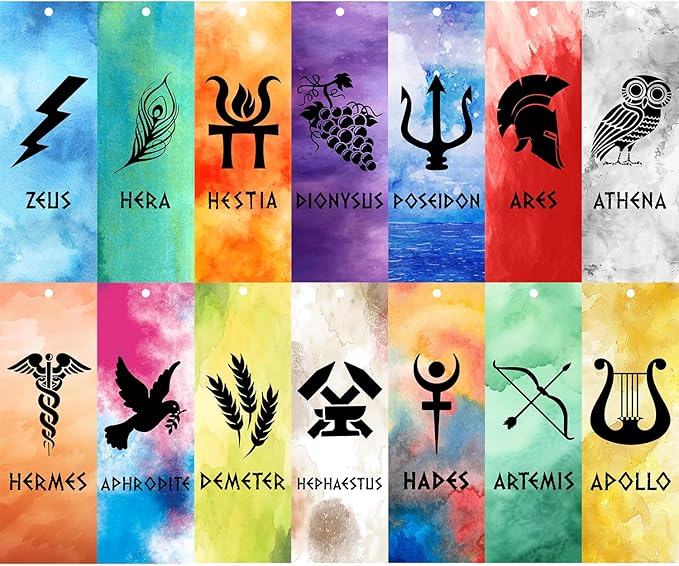 Greek Mythology Bookmarks, 14pcs Olympians Gods Bookmarks, Htabiol Greek Mythology Gifts for Kids, Olympians God Favors for Classroom, Fit for Percy Jackson Birthday Party, Camp Half Blood Party