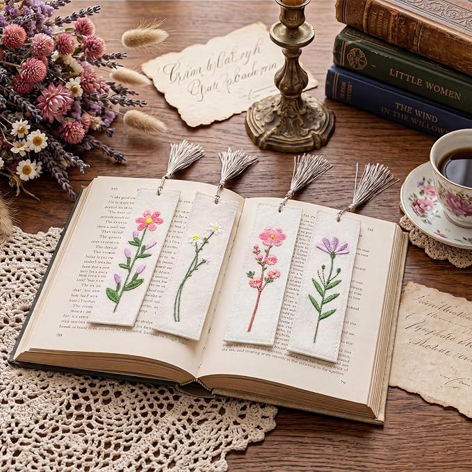 Gersoniel 4 Pack Embroidery Felt Bookmarks Floral Patterns Bookmark with Tassels Handmade Flower Bookmark Cute Book Markers for Reading Adults School Office Book Lovers Gifts (Flower)
