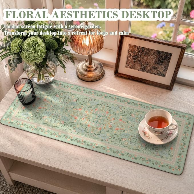 iCasso Aesthetic Floral Desk Mat, L Mouse Pads, Anti-Slip Mousepad with Stitched Edges, Waterproof Computer Pad 11.8"x31.5", Desk Accessories Office Decor for Women(Light Green)