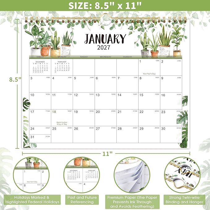 Wall Calendar 2026-2027 - Calendar 2026-2027, Jul. 2026 - Dec. 2027, 11" x 8.5", Wall Calendar 18 month with Twin-Wire Binding + Thick Paper - Plants