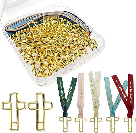 Cross Paper Clips with Ribbons Set. 30 Gold Paper Clips 10 Bible Religious Ribbons, Christian Gifts for Women Easter Eggs fillers