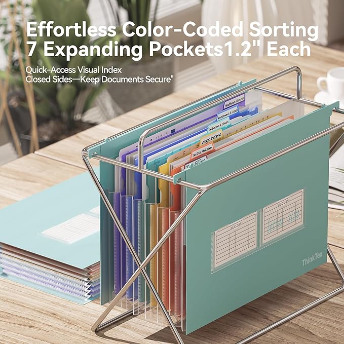 ThinkTex Plastic Expanding Hanging File Folders, 7 Innovative 1.2" Accordion Pockets, Large Capacity, Multi-Color Tabs, Letter Size for Filing Cabinet - Green