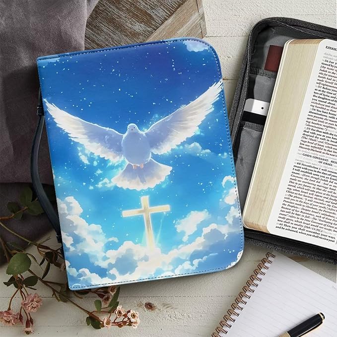 Bible Covers for Women with Handle Sky Dove Cross Print Lightweight Large Bible Tote Bag for Man Waterproof Multi-Functional Man Bible Carrying Case
