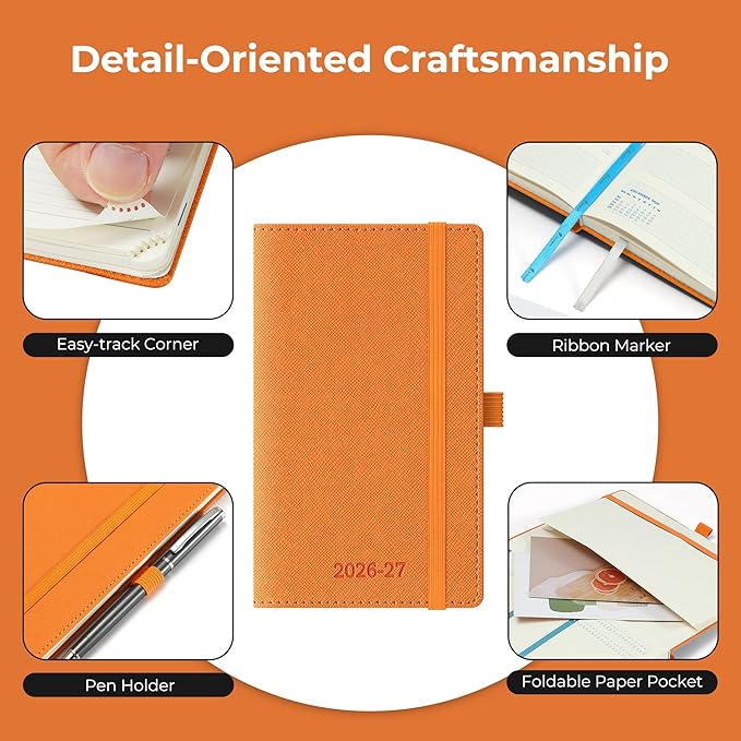 Weekly Monthly 2026-2027 Planner (July 26-Dec 27),6.5"x3.75",18 Months Agenda Plan with Month Tabs & Pocket,Expenses/Note Pages, Academic Calendar with Vegan Leather Cover,Orange