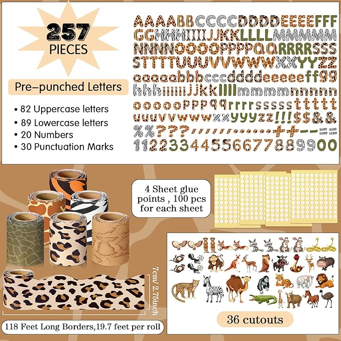 Kosiz Safari Animal Bulletin Board Decoration Set 118 ft Scalloped Bulletin Board Borders Classroom Poster Border Trim with 257 Pcs Letter Number Symbol Cutout for School Decor