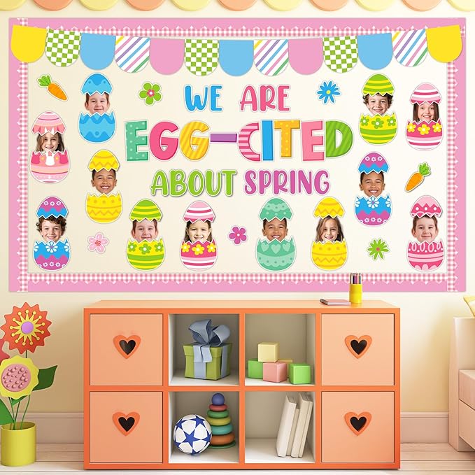 Easter Bulletin Board Decoration Set Easter Egg DIY Photo Craft Cutouts We are Egg-Cited About Spring Classroom Decoration for Teacher School Office Home Chalkboard Wall Decor Spring Party Supplies