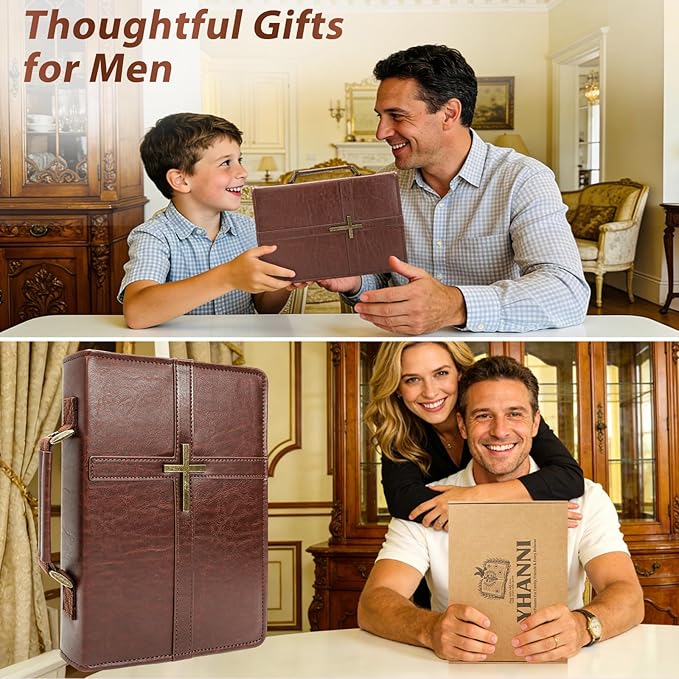Bible Cover Case PU Leather Bible Bag for Men, with Leather Bookmark, Pen Slots, Handle, Strong and Sturdy Church Bag, Christian Gifts for Men and Women, Fits Standard Size Bibles (Brown)